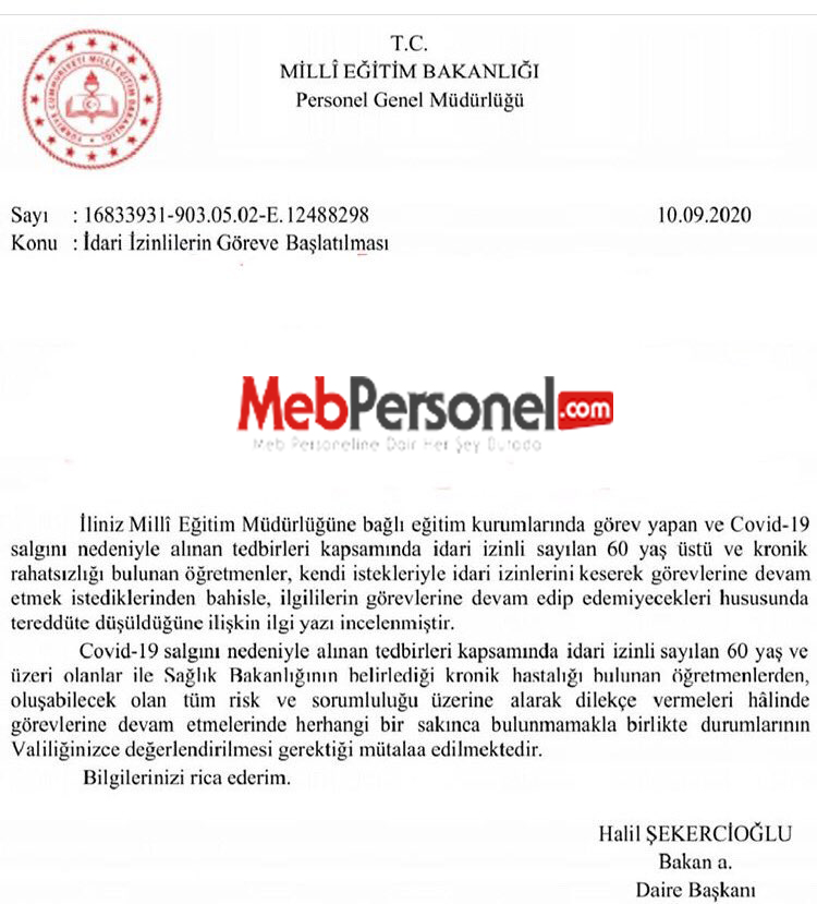 İdari İzinli Öğretmenlerin Göreve Başlatılması Konusunda MEB’den Yazı