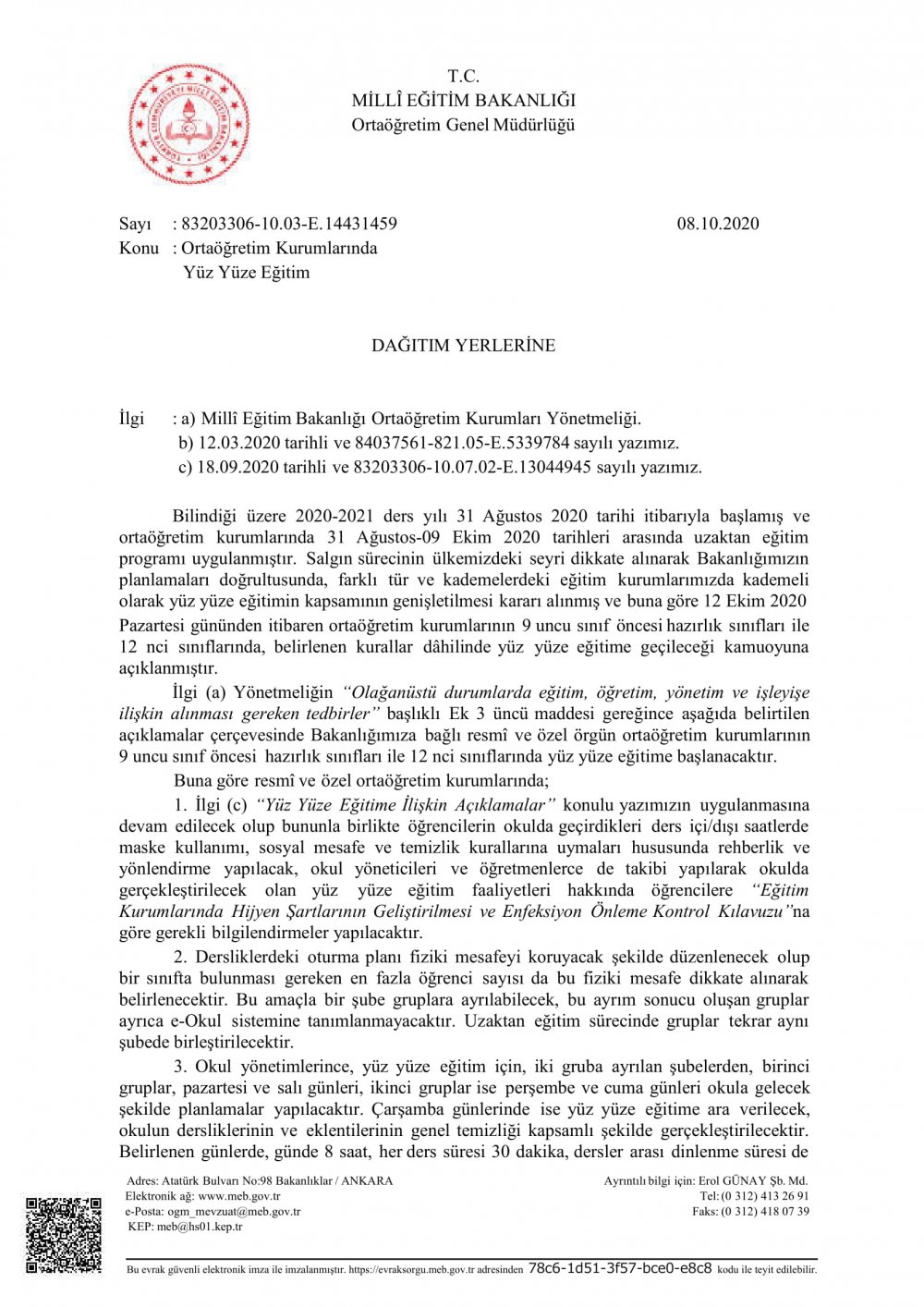 MEB'den ''Ortaöğretim Kurumlarında Yüz Yüze Eğitim'' Yazısı