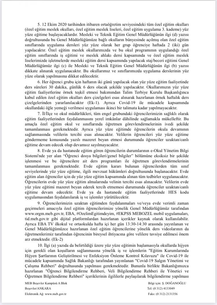 Yüz yüze eğitim özel eğitim okul ve sınıflarında da başlayacak