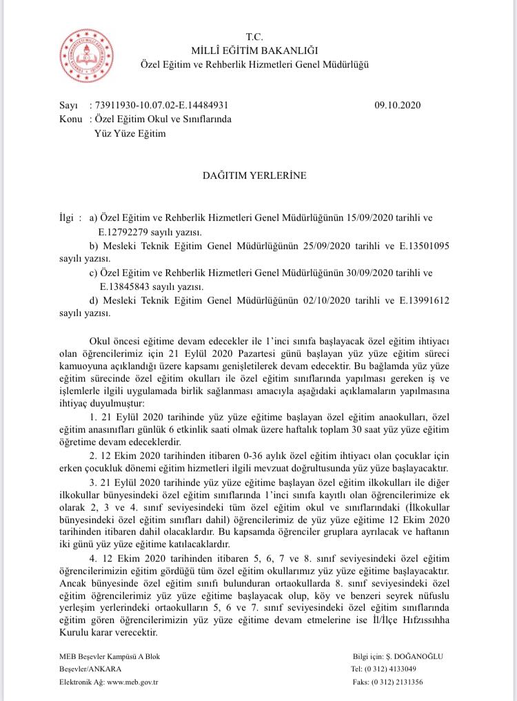 Yüz yüze eğitim özel eğitim okul ve sınıflarında da başlayacak