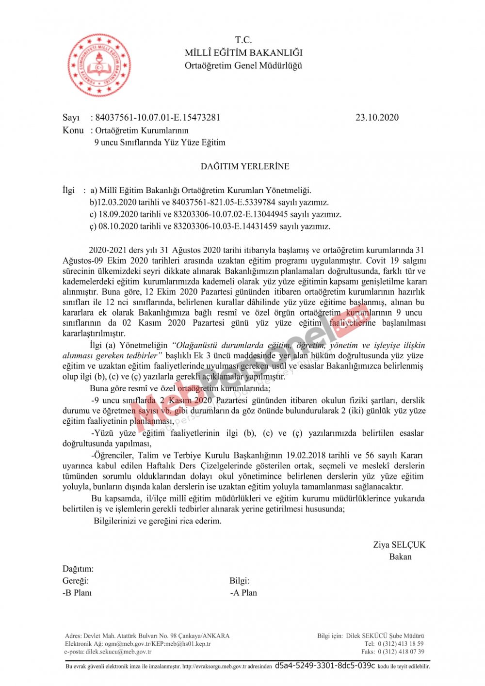 MEB'den 9. Sınıflarda Yüz Yüze Eğitime İlişkin Resmi Yazı