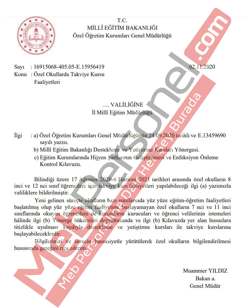 Takviye Kursu Faaliyetlerine İlişkin MEB'den Resmi Yazı