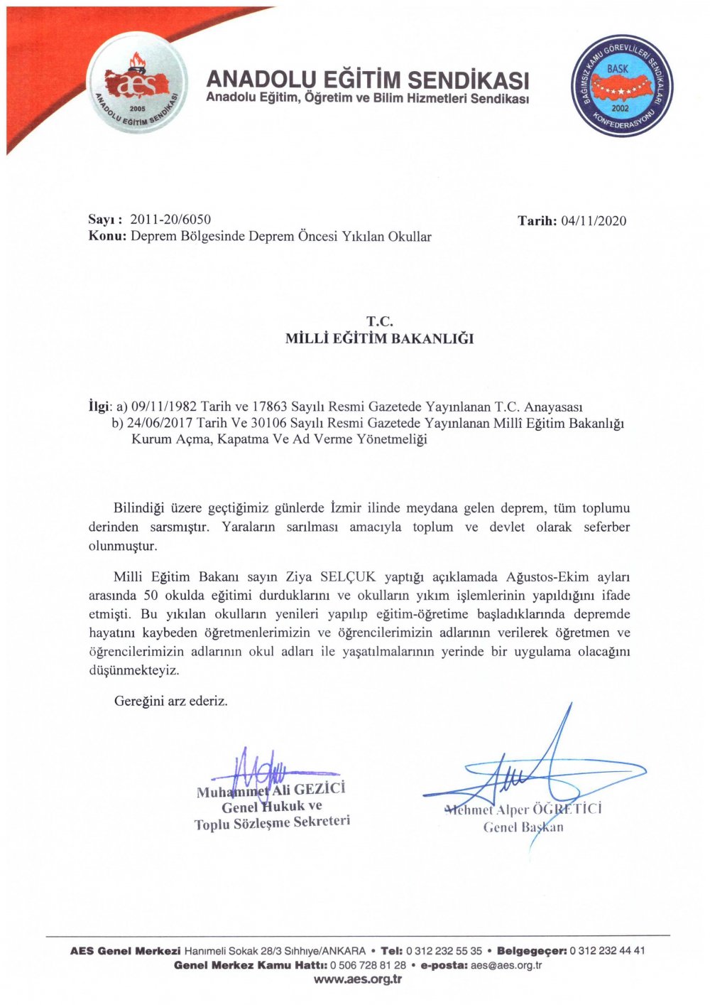 Depremde Hayatını Kaybeden Öğretmen ve Öğrencilerin İsimleri Okullarda Yaşatılsın