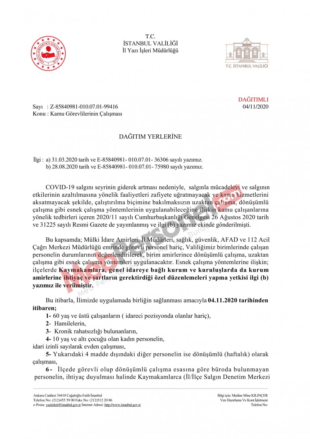 İstanbul'da Kamu Çalışanlarına İdari İzin Yazısı (Resmi Yazı)