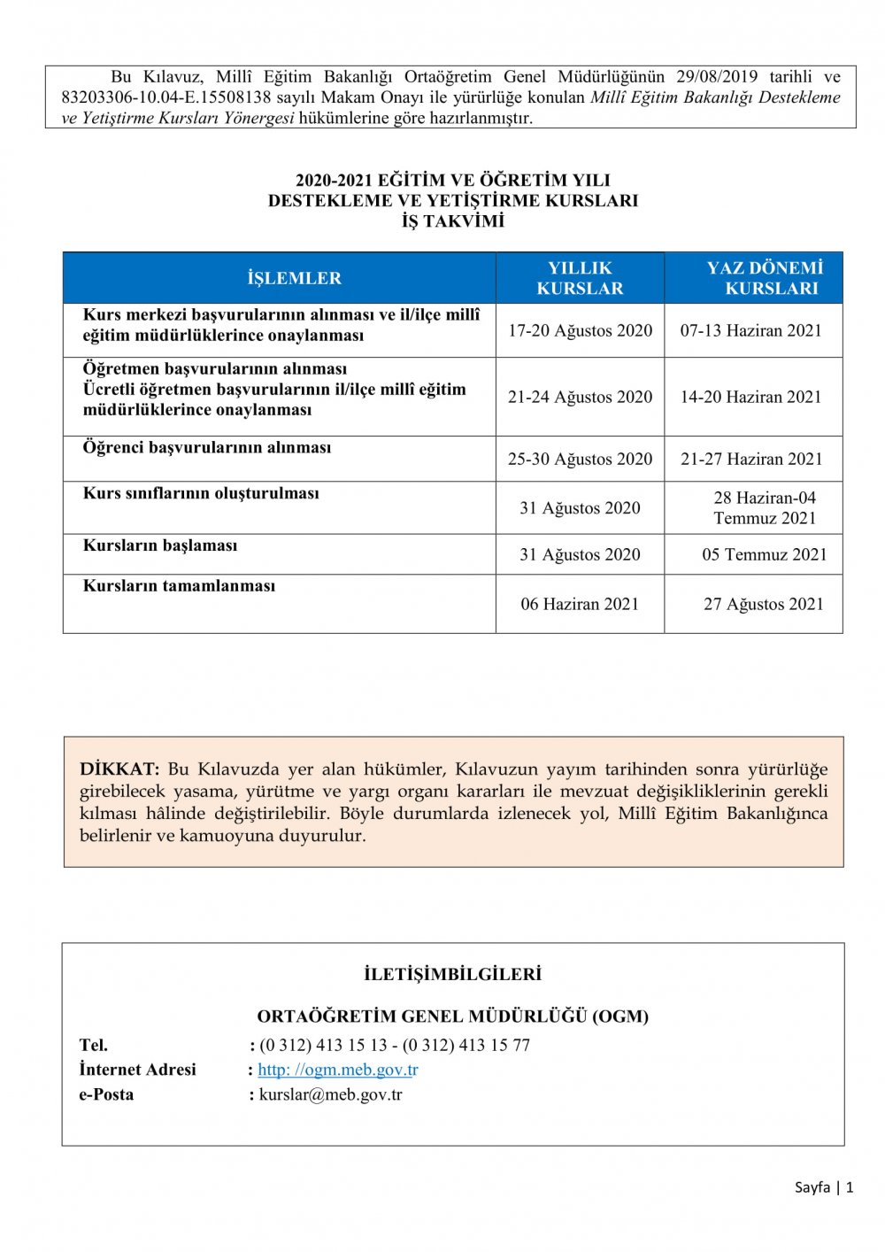 MEB'den Destekleme ve Yetiştirme Kursları yazısı