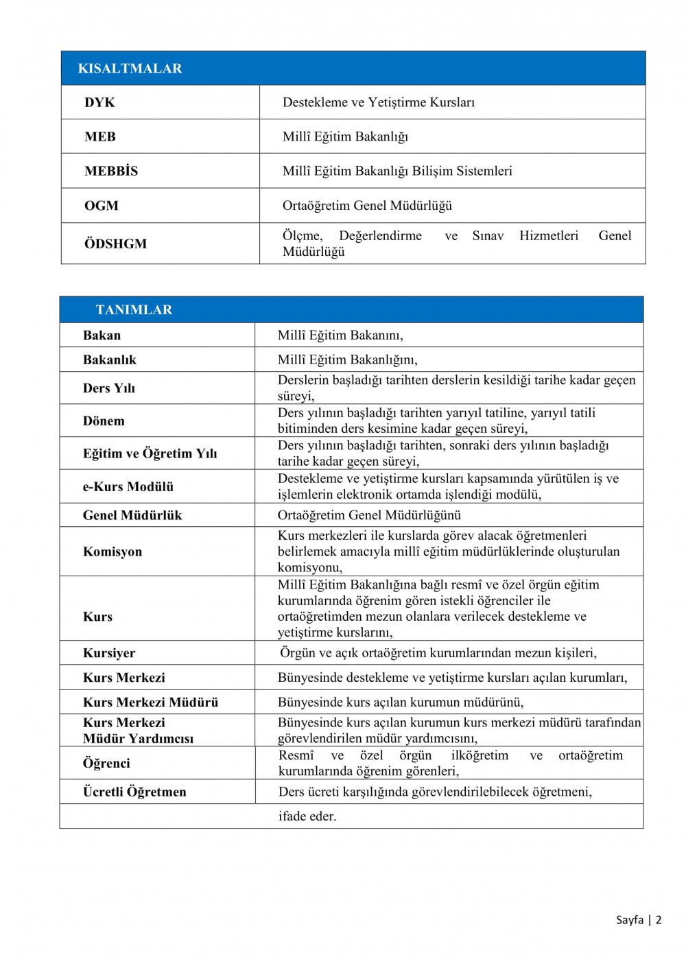 MEB'den Destekleme ve Yetiştirme Kursları yazısı