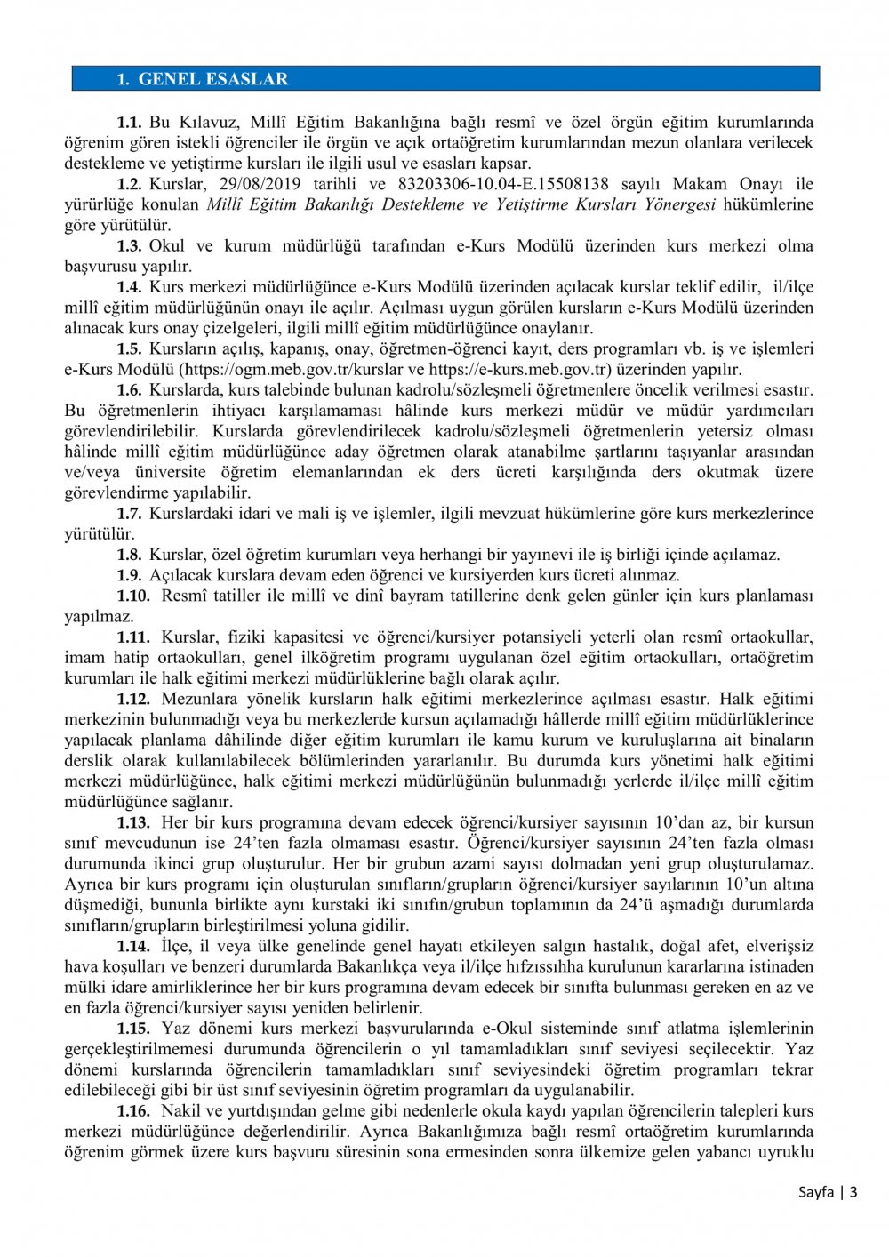 MEB'den Destekleme ve Yetiştirme Kursları yazısı