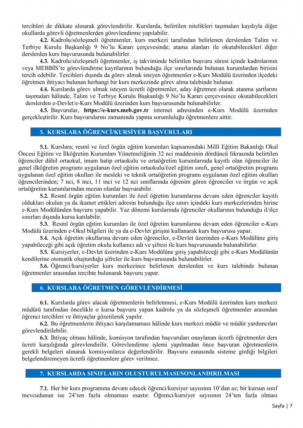 MEB'den Destekleme ve Yetiştirme Kursları yazısı