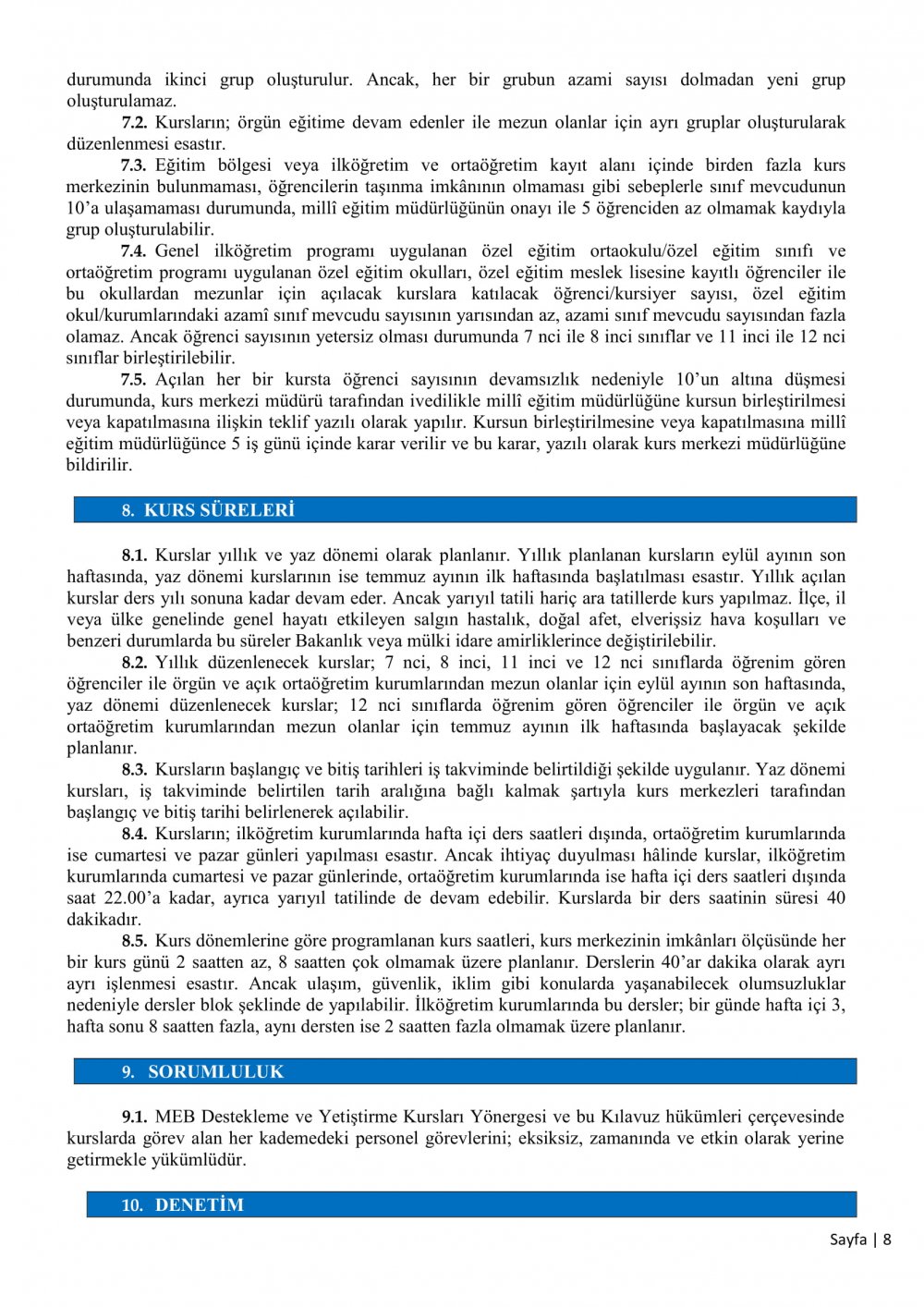 MEB'den Destekleme ve Yetiştirme Kursları yazısı