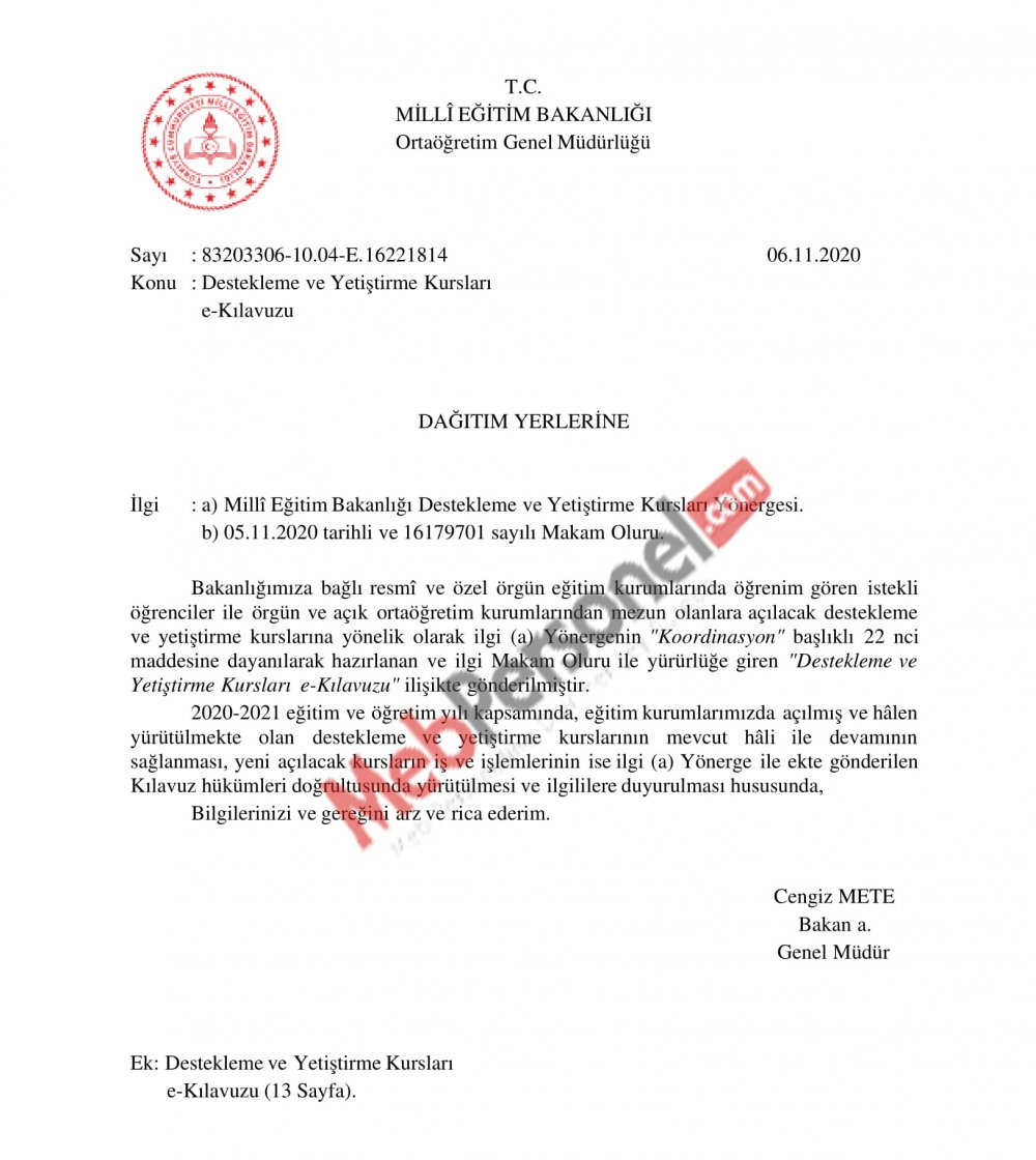 MEB'den Destekleme ve Yetiştirme Kursları yazısı