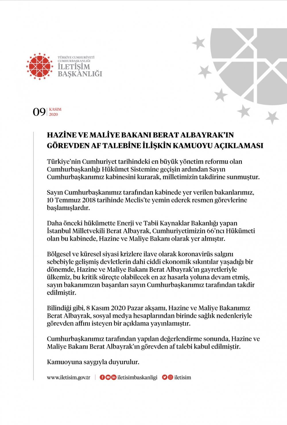 Cumhurbaşkanı Erdoğan, Berat Albayrak'ın istifasını kabul etti