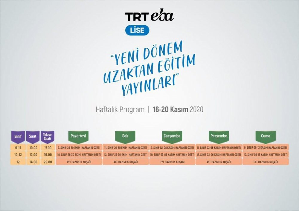 Eba Tv 16-20 Kasım İlkokul Ortaokul ve Lise Ders Tekrar Saatleri ve Yayın akışı