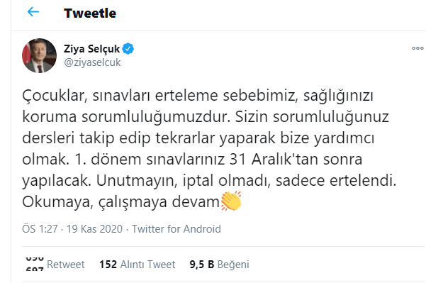 Bakan Ziya Selçuk: “Sınavlar İptal Olmadı, Ertelendi”