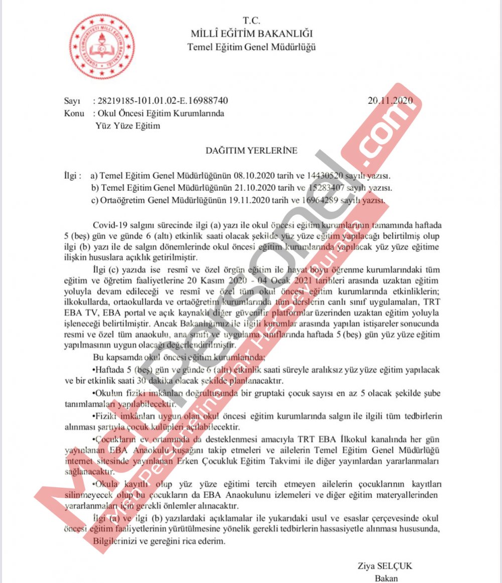 "Okul öncesi eğitim kurumları 5 gün yüz yüze eğitim verecek"