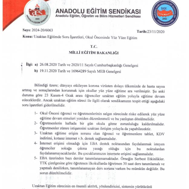 AES: OKUL ÖNCESİ, HAFTADA BİR GÜN OKUL, UZAKTAN EĞİTİM İLE İLGİLİ MEB’ E YAZI YAZDIK