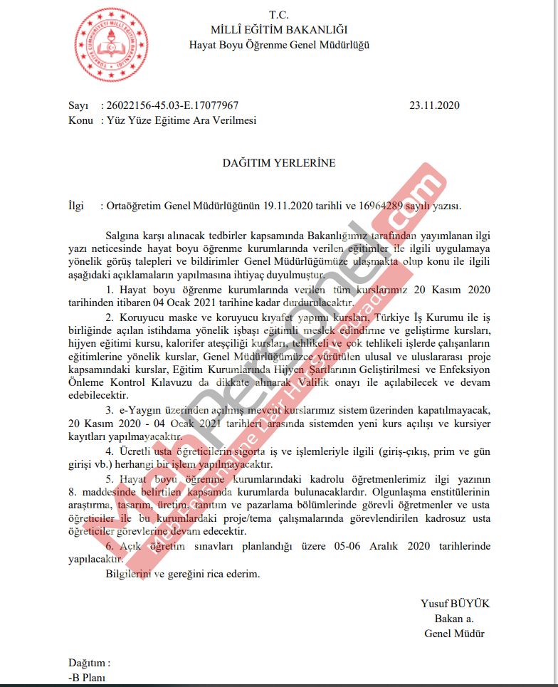 MEB'den "Yüz Yüze Eğitime Ara Verilmesi" İle İlgili Resmi Yazı