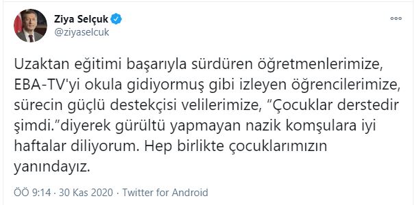 Bakan Selçuk'tan uzaktan eğitim paylaşımı