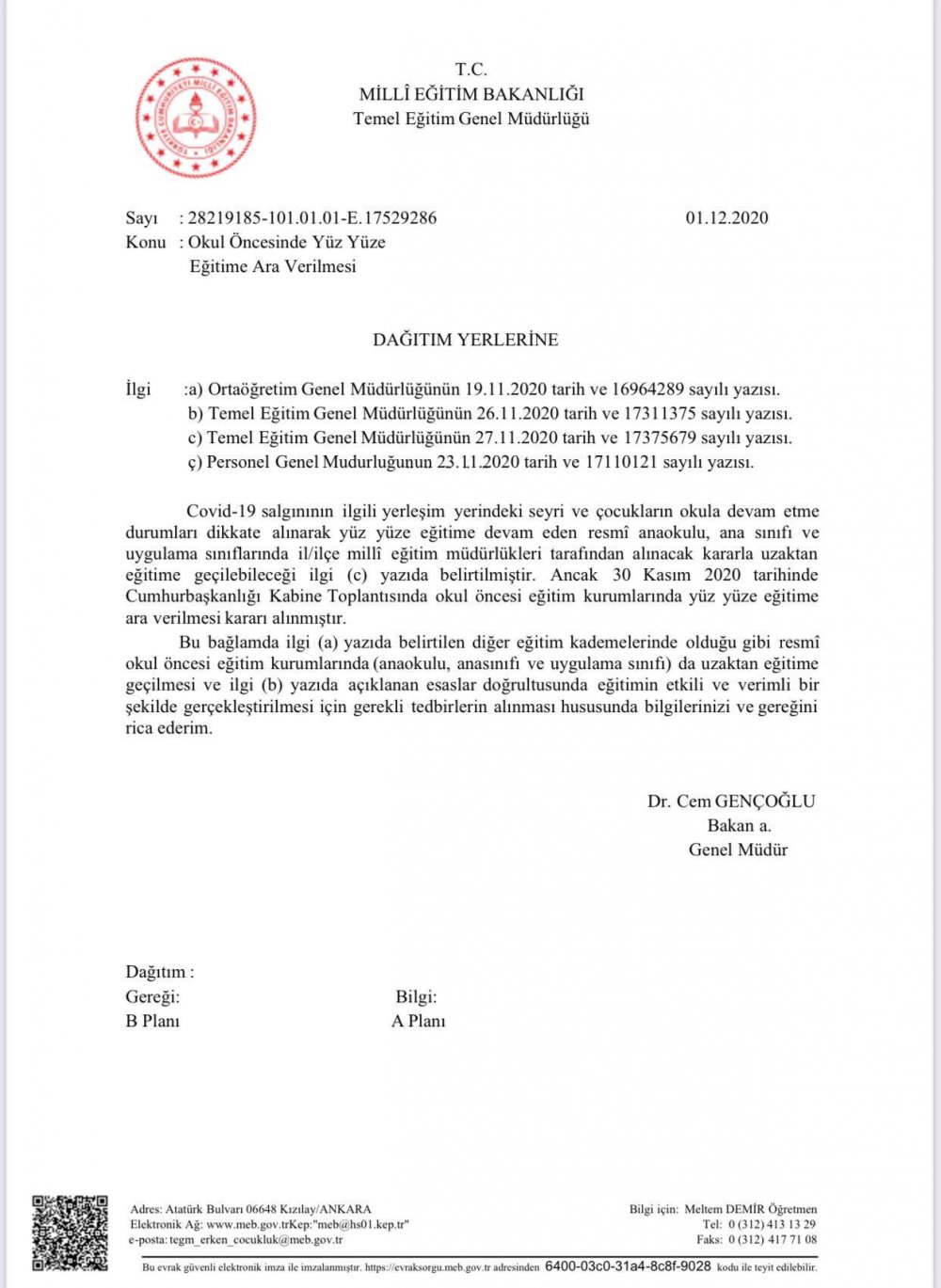 MEB'den ''Okul Öncesinde Yüz Yüze Eğitime Ara Verilmesi'' Yazısı