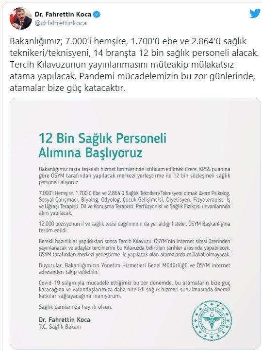 12 bin sağlık personeli alımında unvanlar belli oldu
