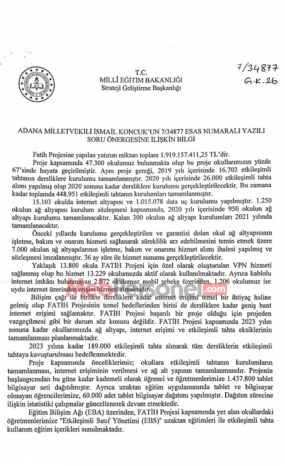 Milli Eğitim Bakanlığı, Fatih Projesine İlişkin Sayısal Verileri Açıkladı