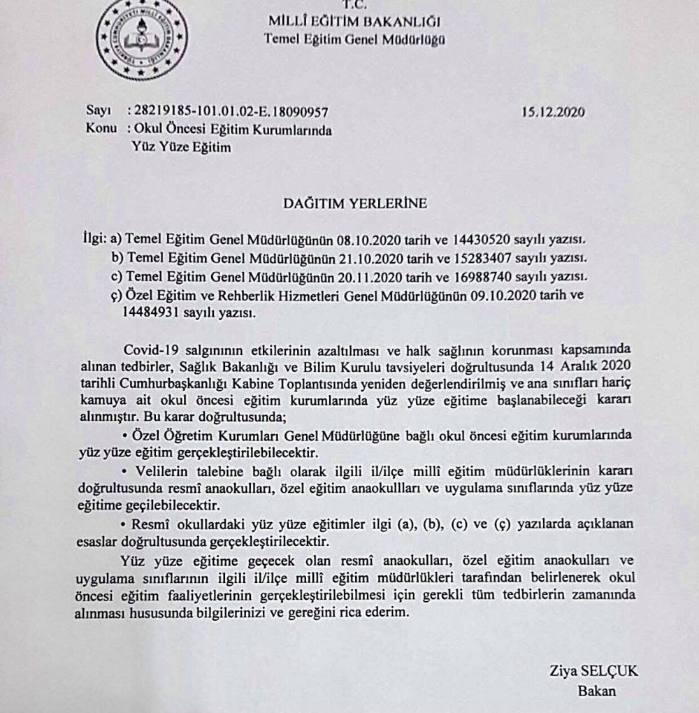 MEB'den ''Okul Öncesi Eğitim Kurumlarında Yüz Yüze Eğitim'' Yazısı