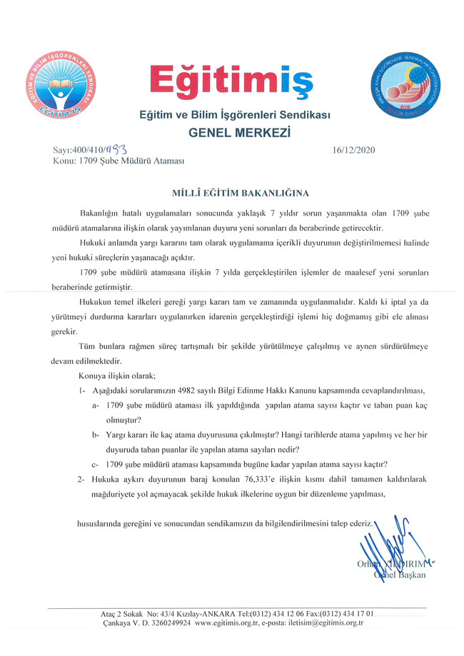 EĞİTİM-İŞ: ''MEB’i 1709 şube müdürü atamasında hukuka davet ediyoruz''