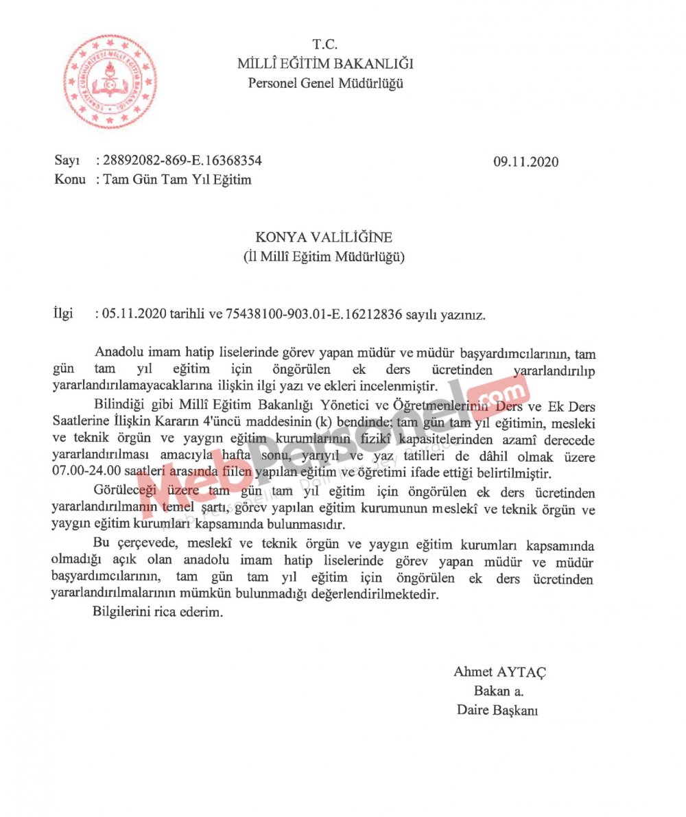 MEB'den ''Tam Gün Tam Yıl Eğitim'' İle İlgili Ek Ders Görüş Yazısı