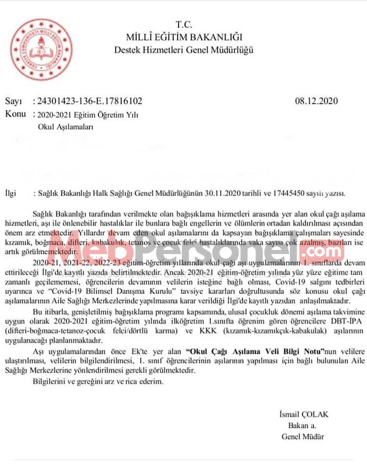 MEB'den ''Okul Aşılamaları'' Yazısı