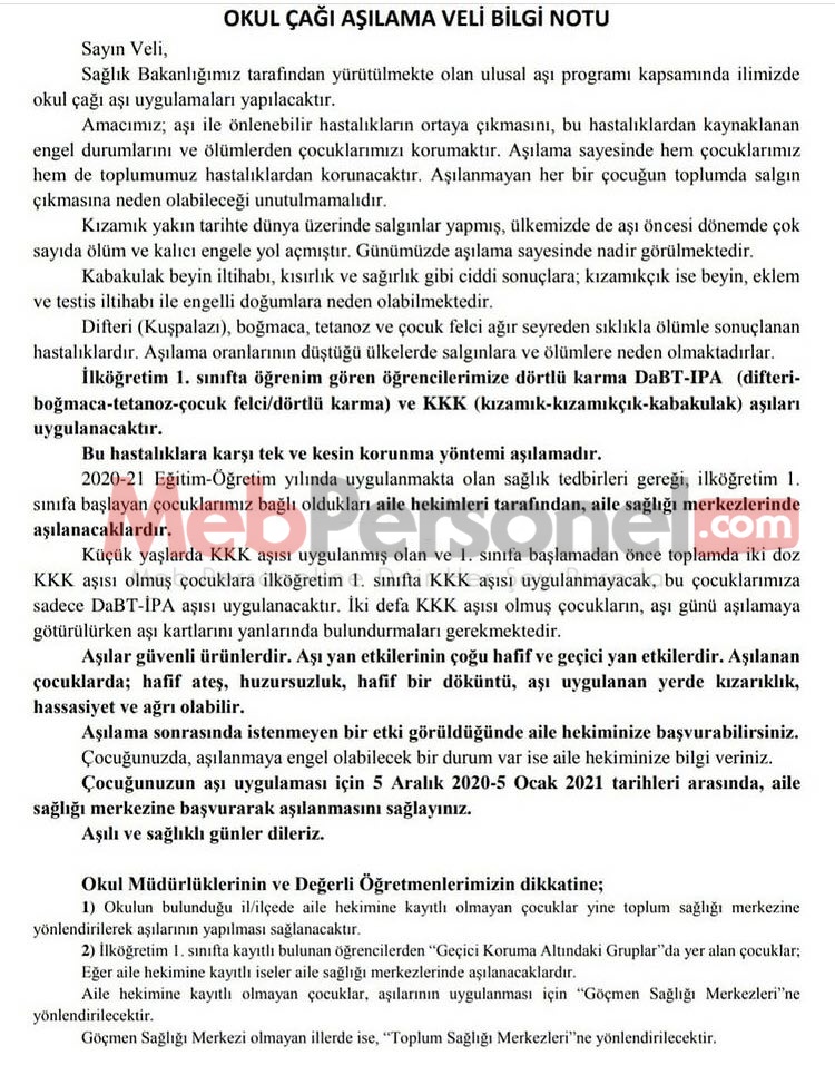 MEB'den ''Okul Aşılamaları'' Yazısı