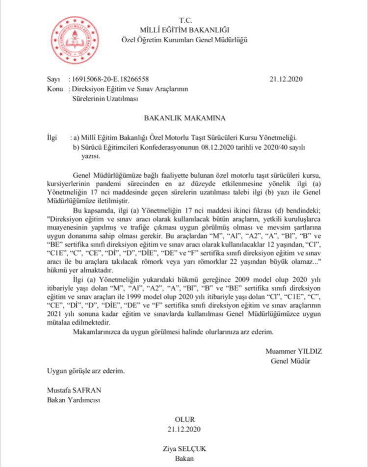 Direksiyon Eğitim ve Sınav Araçlarının Sürelerinin Uzatımı