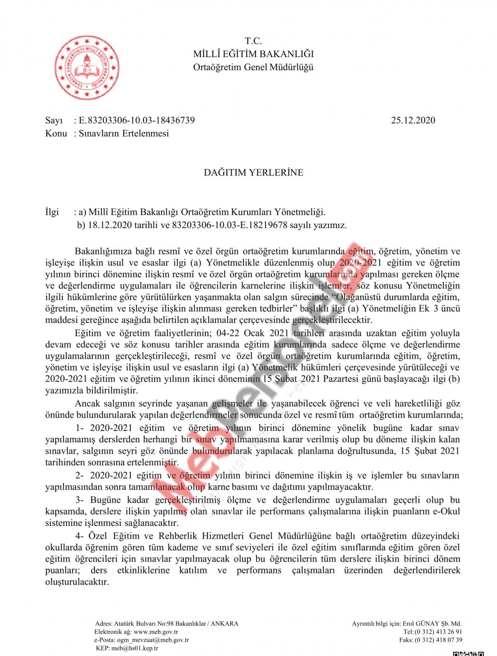 MEB sınavların ertelendiğine dair resmi yazıyı gönderdi