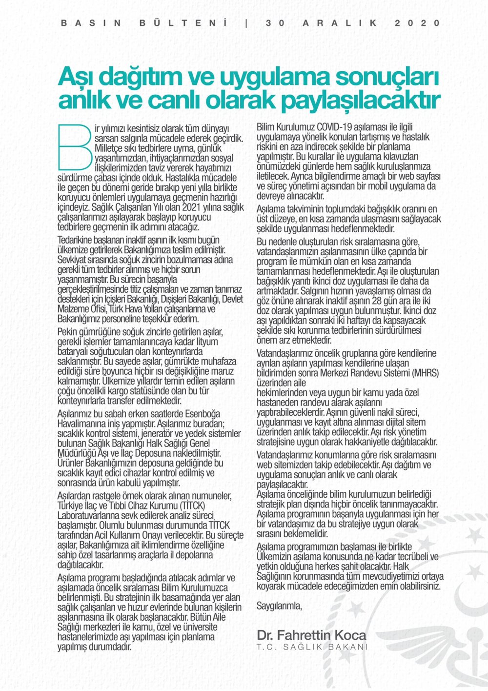 Bakan Koca: Aşı 28 gün ara ile 2 iki doz halinde uygulanacak