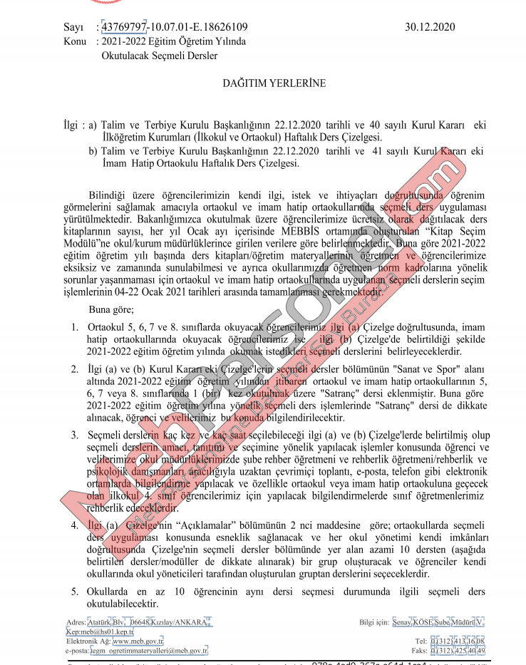 Yeni yılda okutulacak seçmeli dersler-MEB resmi yazı