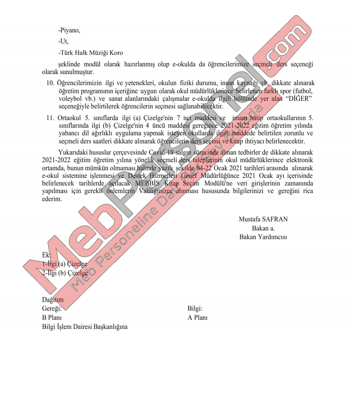 Yeni yılda okutulacak seçmeli dersler-MEB resmi yazı