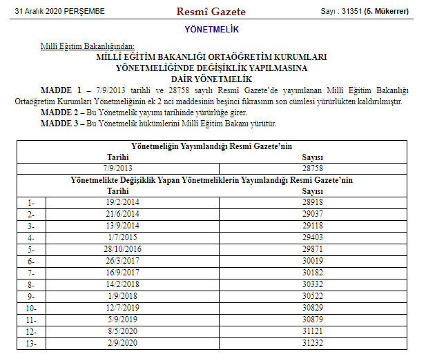 MEB Ortaöğretim Kurumları Yönetmeliğinde Değişiklik Yapıldı