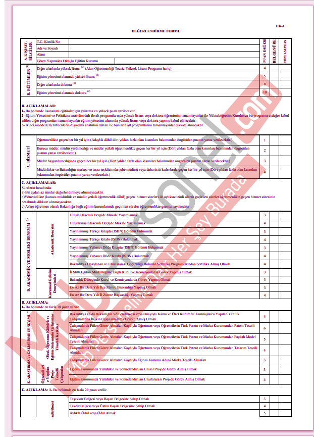 Yönetici atama yönetmeliği Ek 1 Değerlendirme Formu