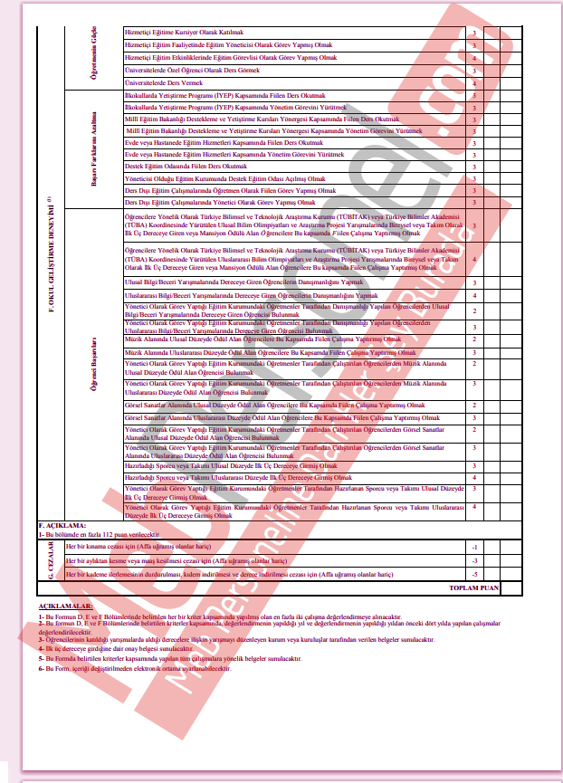Yönetici atama yönetmeliği Ek 1 Değerlendirme Formu