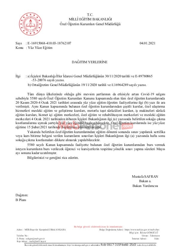 MEB'den ''Özel Öğretim Kurumlarında Yüz Yüze Eğitim'' Yazısı