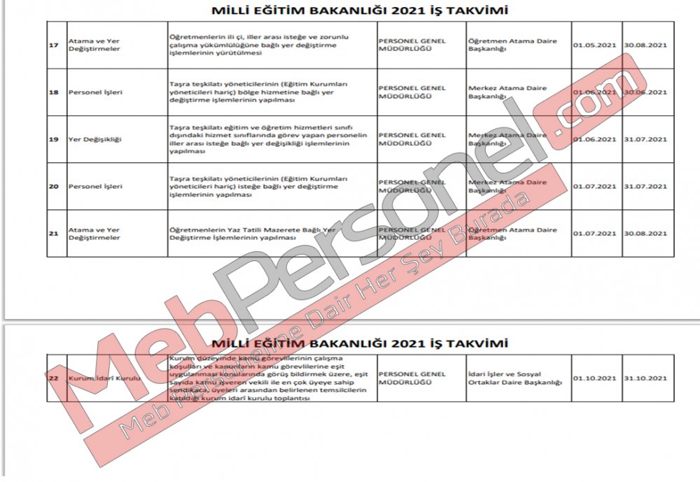MİLLİ EĞİTİM BAKANLIĞI-MEB 2021 İŞ TAKVİMİ