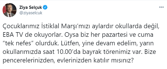 Bakan Ziya Selçuk'tan İstiklal Marşı Çağrısı