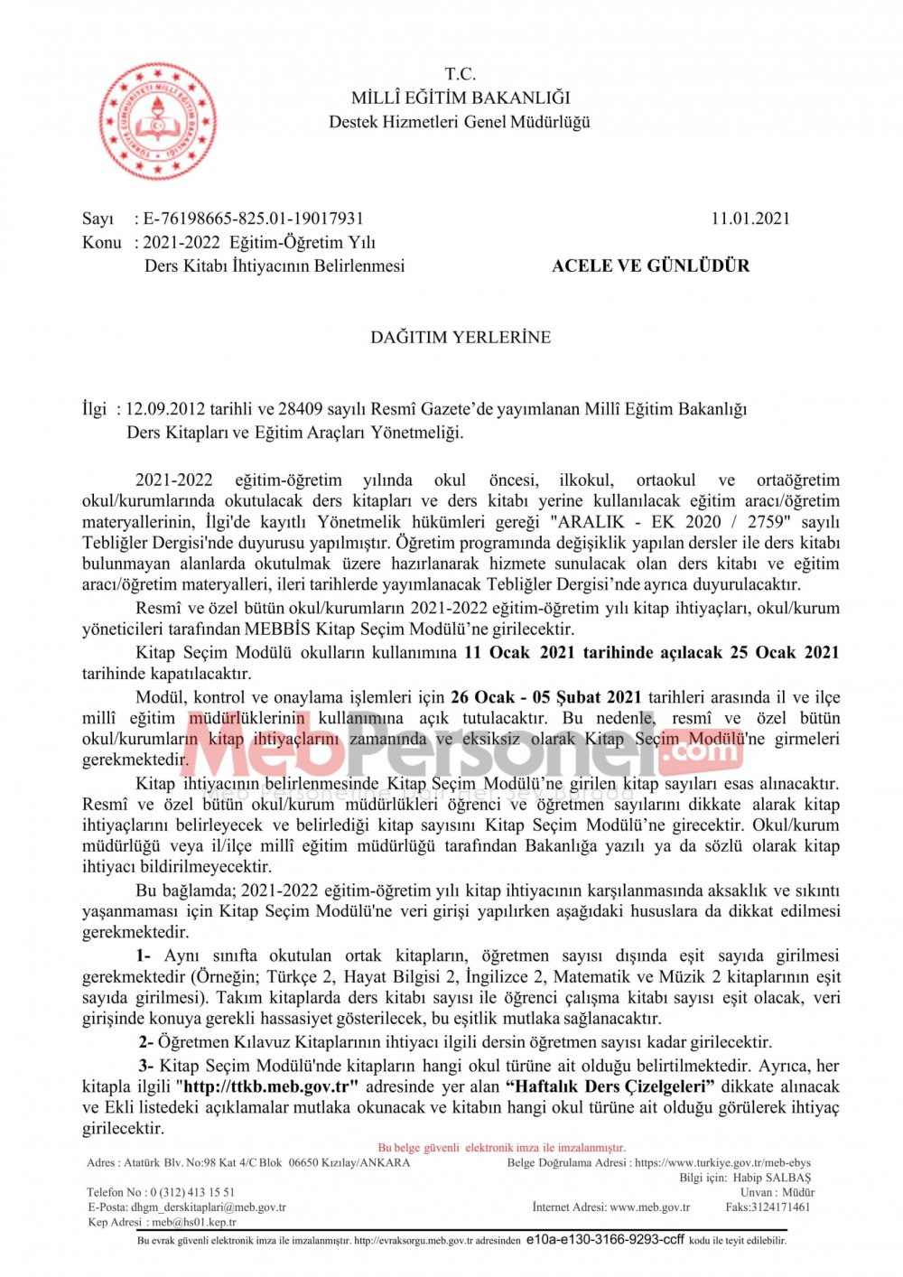 MEB'den Okul Müdürlüklerine ''Ders Kitabı İhtiyacı'' Konulu Resmi Yazı